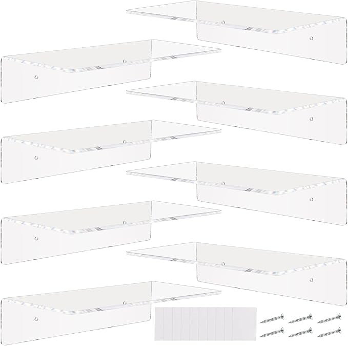 Vinsot 8 Pack Acrylic Floating Shelves 12 Inch Clear Acrylic Wall Display 4 mm Thick Invisible Book Shelves for Bedroom Living Room Bathroom Office Wall