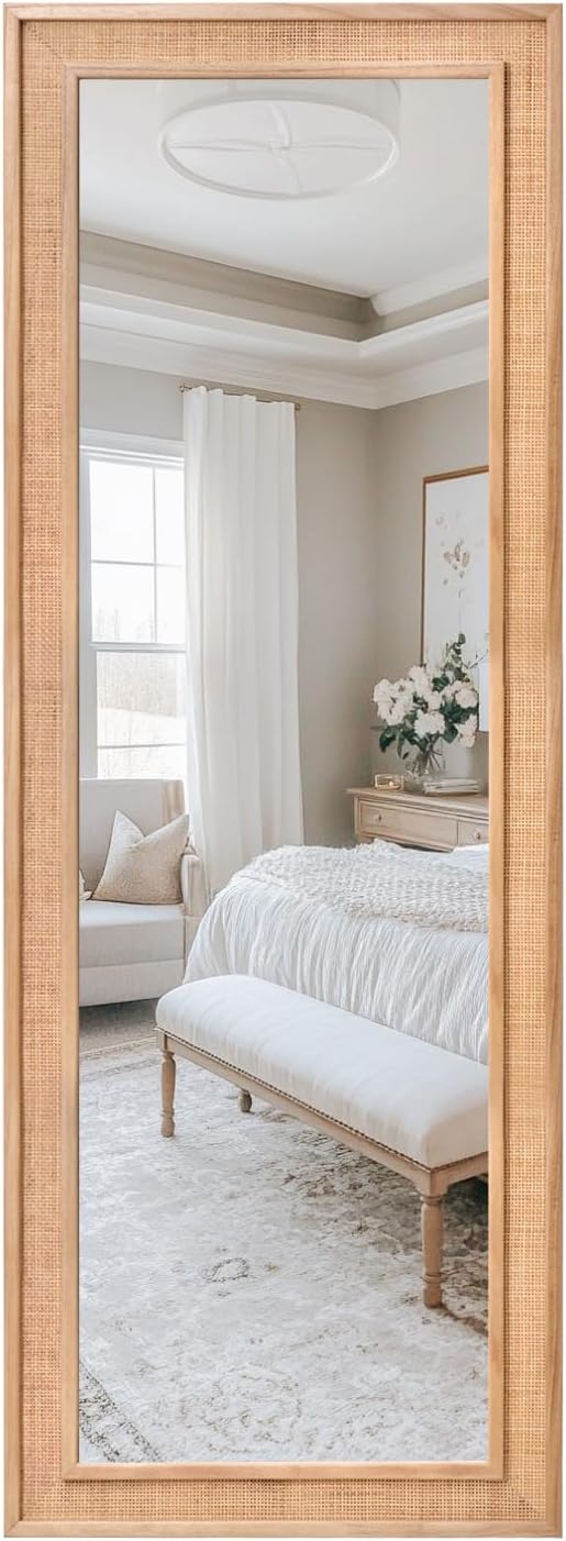 Rattan Full Length Mirror,20"x63" Long Rattan Wall Mirror,Wooden Mirror with Wicker Frame,Decorative Full Body Mirror Hanging,Farmhouse Rectangle Floor Mirror for Bathroom Living Dressing Room Nature
