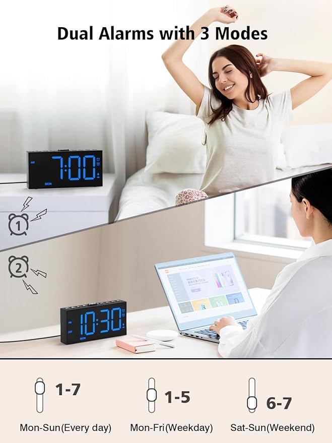 Vibrating Alarm Clock for Heavy Sleepers – Loud Bed Shaker, Dual Alarms with Weekday/Weekend Mode, 3 Vibration Levels, 5-Volume & Dimmer, Large Display, USB + Battery Backup – Deaf & Hearing-Impaired