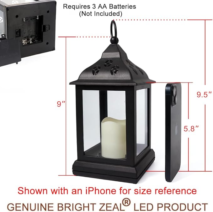 Bright Zeal 2-Pack 9.5" Vintage Decorative Candle Lantern with LED Flickering Flameless Candle (Black, 6-Key Remote) - Indoor Hanging Lanterns Decorative Lanterns Battery Powered LED Candle & Remote