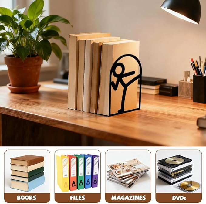 Peacoblue Metal Bookends for Shelves, Modern Decorative Heavy Duty Study Book Ends Stoppers for Office, Desk, Shelf, Room 5.3"x4.3"x7.9" Cast Iron Simple Tall Bookends 1 Pair (Stickman)