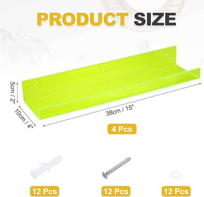 MECCANIXITY 4 Pack Acrylic Shelves for Wall, 15 Inch Fluorescent Green Floating Shelves Wall Mount Display Shelf for Bathroom, Bedroom, Living Room, Room Decor