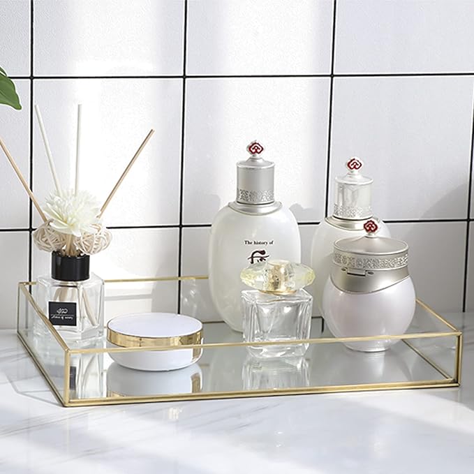 Hapivida Golden Vintage Glass Box, Vintage Glass Jewelry Organizer Box, Clear Glass & Brass Metal Storage Jewelry and Cosmetic Makeup Case Holder Organizer(Large)