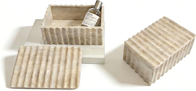 Natural Stone Storage Box with Wave Pattern, Decorative Organizer for Makeup, Jewelry, Perfume, Bathroom Vanity (Beige)