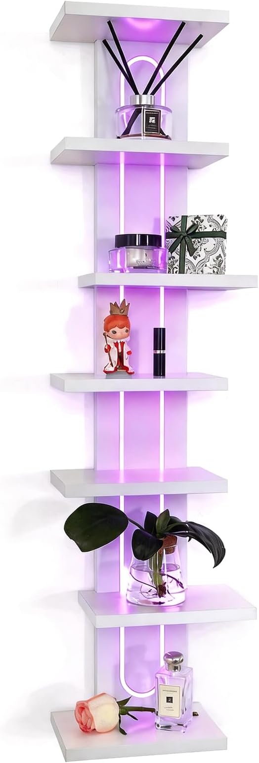 Homaterial 7-Tier RGB Floating Shelves for Gaming Room & Display, Unique Asymmetrical Wall Shelves with Lights & Remote, Vertical Lack Shelf for Collectibles, Room Decor, White