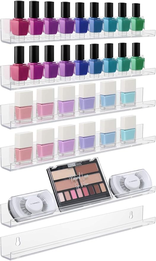 Sorbus Acrylic Nail Polish Organizer Rack 6 Pack 15" - 90-120 Bottles - Wall Mounted Floating Shelves Ledges Clear Invisible Nail Polish Shelf Holder Display Perfume, Essential Oil, Bathroom Storage