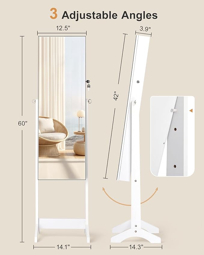 Nicetree Jewelry Cabinet Armoire, Freestanding Jewelry Armoire Organizer with Full-Length Mirror, Lockable Jewelry Storage Cabinet, Frameless Mirror, 3 Adjustable Angles, Moon White