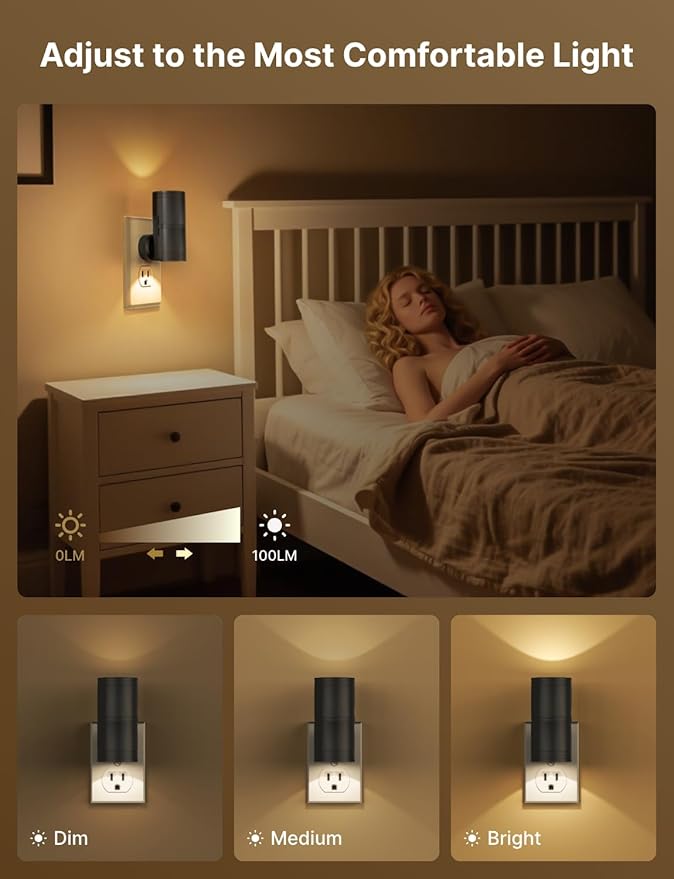 Likelgn Night Light Plug into Wall, 2 Pack Dimmable LED Nightlight with Dusk to Dawn Sensor, Soft White Glow, for Hallway, Bathroom, Bedroom, Black