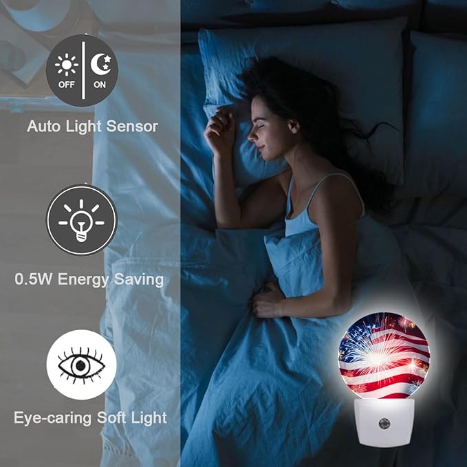 USA Flag Firework Night Light Auto Sensor Led Dusk to Dawn Lamp Home Decor for Men Women
