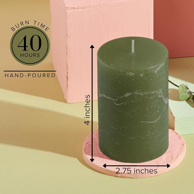 Simply Soson 3x4 inch Dark Moss Green Pillar Candles Set of 3, Rustic Texture, Unscented Green Candles, Dripless Candles, 3 inch Pillar Candles for Wedding Parties Spas Dinner Home Decoration Church