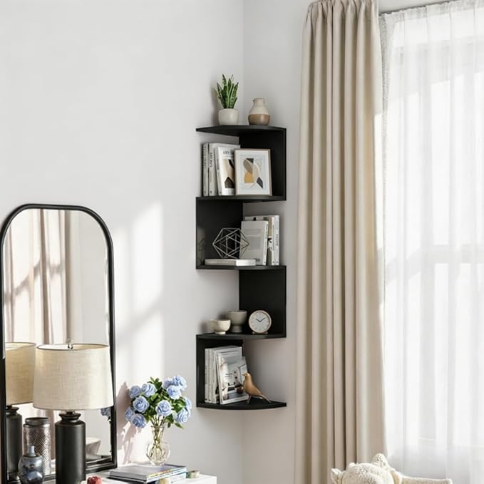 5-Tier Floating Corner Shelf Wall Mount, Heavy Duty Wall Corner Bookshelf, Multi-Purpose Plant Display Shelf for Bedroom Living Room Bathroom Home Office, (Black)