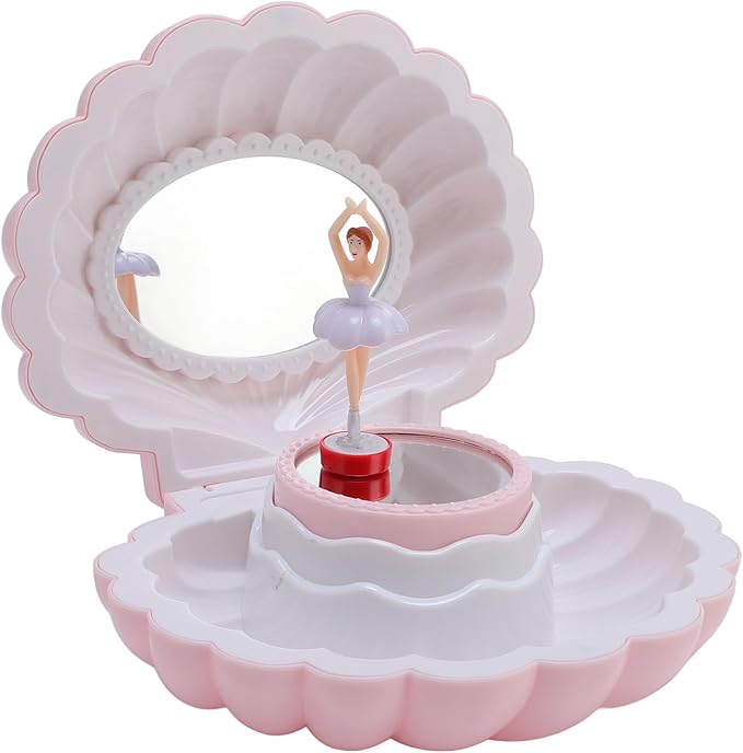 Ballet Jewelry Box with Music Dancing Ballerina Jewelry Organizer with Makeup Mirror for Girls Kids Birthday Retro Design (Light Pink)
