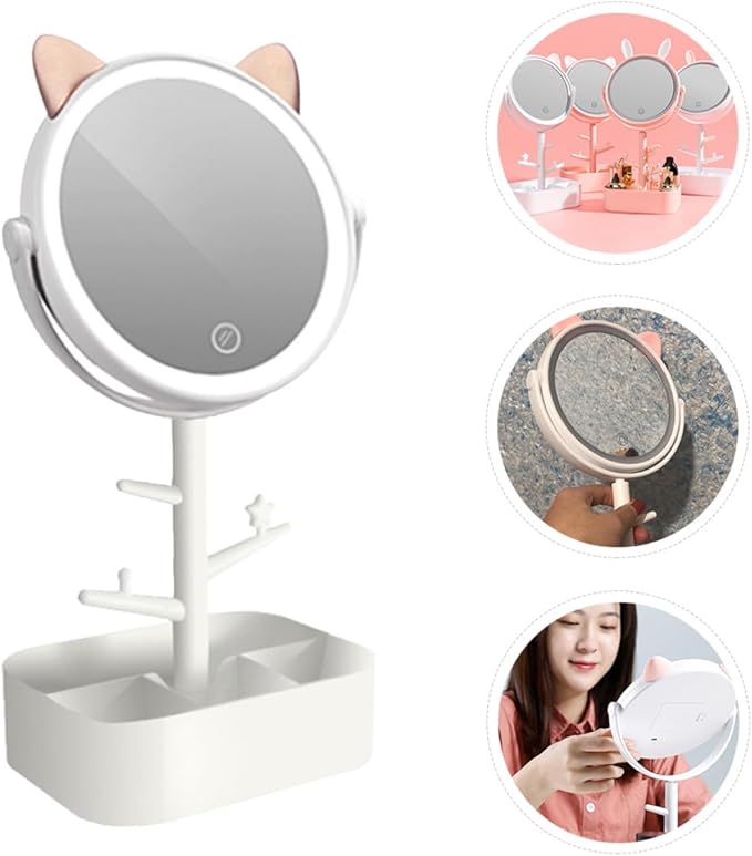 NOLITOY Smart Dimming LED Makeup Mirror with Desktop Storage, Swivel Tabletop Vanity Mirror with Rechargeable Touch Control, Small White Cat Organizer for Makeup Supplies