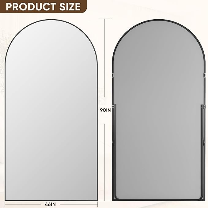 Antok Full Length Mirror, 90"x46" Floor Mirror with Stand, Hanging Mounted Mirrors for Bedroom, Living Room, Cloakroom, Dining Room, Black, Arched