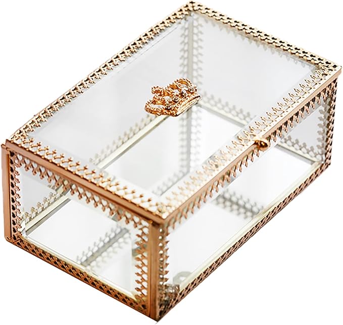 NAJMECHOY Glass Jewelry Box, Mirror Bottom with Crown Lid, Box for Makeup, Lipstick Ring Earrings, Storage Box, Gold Glass Box Ring, Bracelet Display Transparent Box (Rectangle)