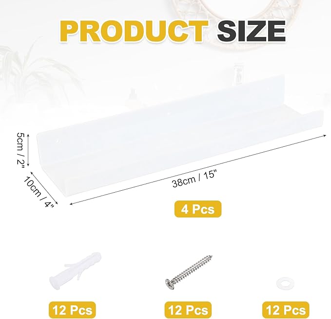 MECCANIXITY 4 Pack Acrylic Shelves for Wall, 15 Inch White Floating Shelves Wall Mount Display Shelf Organizer for Bathroom, Bedroom, Living Room, Room Decor
