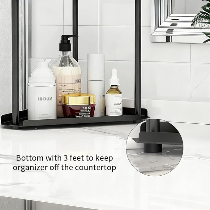 Black 2 Tier Corner Bathroom Organizer Countertop Storage Shelf for Vanity and Makeup