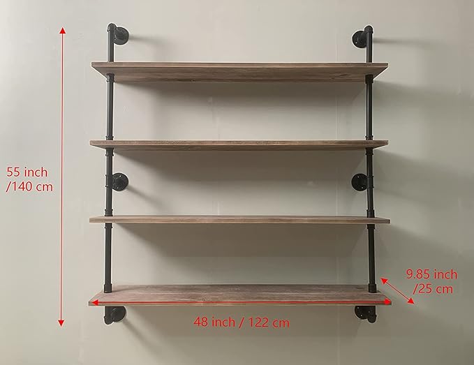 HDDFER Floating Bookshelf Shelves Industrial Pipe Shelving Floating Pipe Shelf with Wood Planks 48 inch Industrial Wall Shelves Rustic Hanging Bookshelf Farmhouse Kitchen Shelving