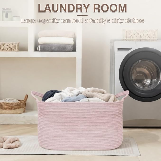 YOUDENOVA Nursery Storage Basket，21.6''×14.9''×11.8'' Rectangle Cotton Rope Blanket Basket, Nursery Laundry Hamper for Organizing，Large Toy Basket for Living Room, Bedroom Pink