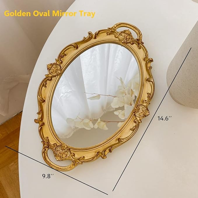 Schones Geschaft Decorative Mirror Tray, Makeup Jewelry Perfume Organizer，Vintage Oval Display and Serving Tray for Bedroom Living-Room Dresser Decor (14.6”x 9.8”) (Golden - Oval)