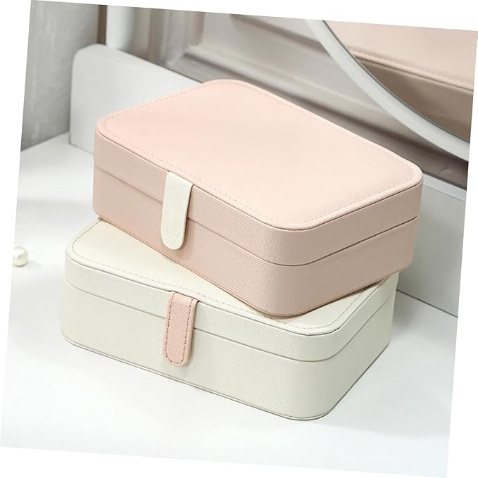 Healeved Portable Jewelry Box with Mirror, Pu Pink Necklace and Earring Holder, Rings Organizer and Cosmetics Storage Case for Women Travel and Daily Use