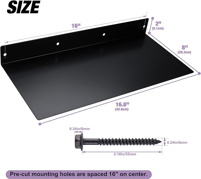 RealPlus Metal Floating Shelf 16.8" x 8" Modern Heavy Duty Steel Wall Mount Shelf, Black