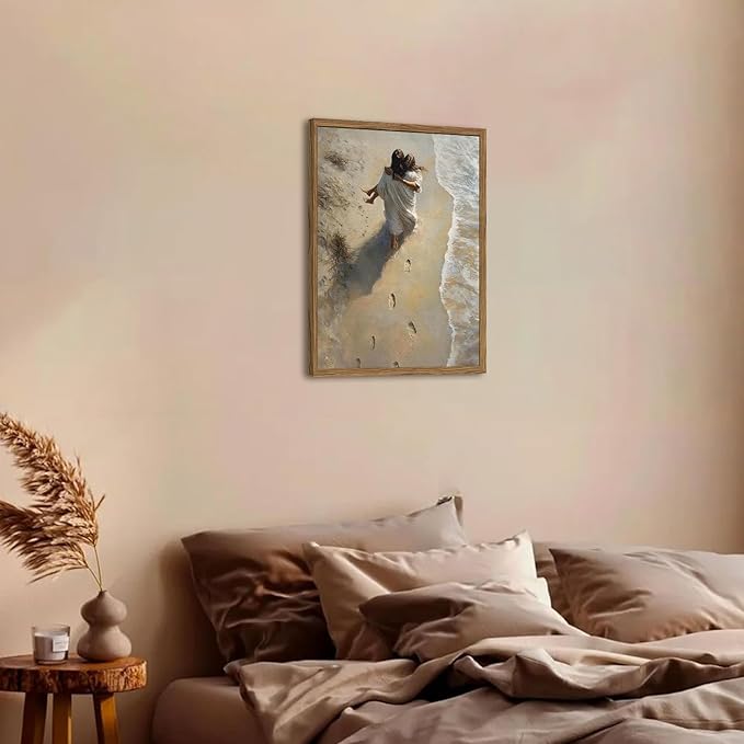 Jesus Hugging Woman Wall Art Jesus on the Beach Wall Decor 3D Textured Hand Drawn Sandstone Christian Decor Painting Footprints on the Beach Artwork for Bedroom Living Room 24x36 inch Wood Framed