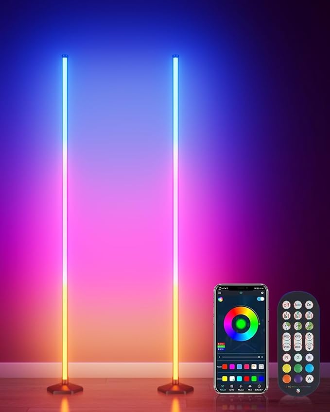 Corner Floor Lamp, 2 Pack RGB Corner Lamp with App/Remote/Button Control, Smart LED Floor Lamp with 16 Million DIY Colors & 68+ Scene, Music Sync for Living Room, Bedroom, Gaming Room (2, 57 Inch)