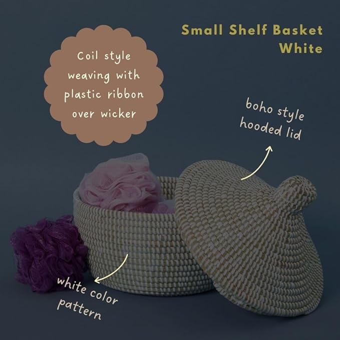 Small Storage Basket with Lid, White, Hooded Lid, 10 Inch Wide