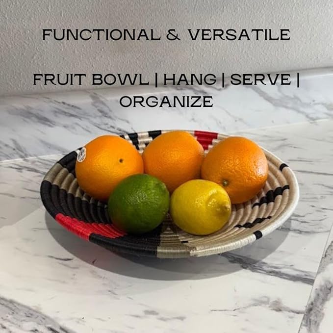 Handwoven African Sisal Basket Bowl Handmade Woven Fruit Bowl, Decorative Wall Basket for Home Décor, Living Room Centerpiece Gifts Zen Design Arts and Crafts (Light Green Black Cream, 10in diameter)