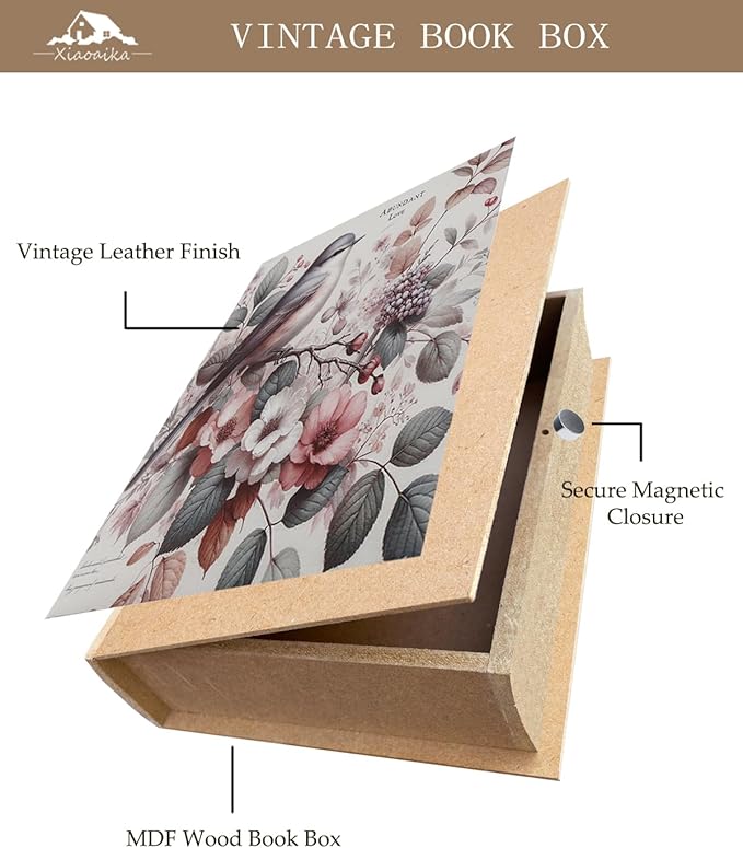 Decorative Wooden Book Box - Vintage Faux Book Boxes for Home Decor, Secret Storage with Magnetic Closure, Antique Style, Bird Pattern Leather Cover, Perfect for Home Office Bookshelf 10x7x1.6 Inches