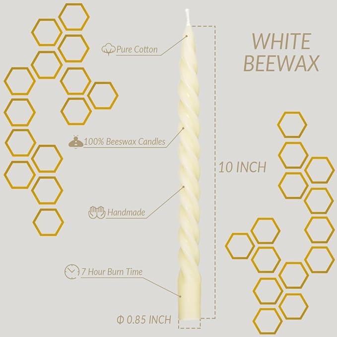 Natural Beeswax Spiral Taper Candles Pack of 6, Organic Dripless Long Candle Sticks for Dinner Wedding Party Christmas Home Decorations - 10 Inch Tall - Off White