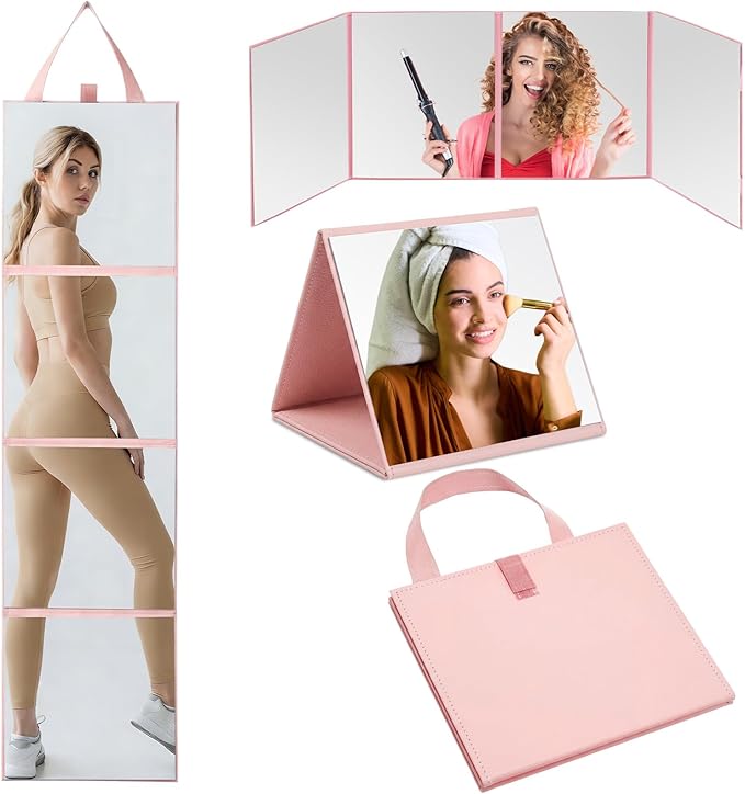 3 Way Foldable Full Length Mirror with Handle 31.89 x 11.22 Inches Leather Portable Camping Travel Hanging Folding Body Mirror for Makeup Dance Fitness Spa Hair Styling(Pink,Classic)