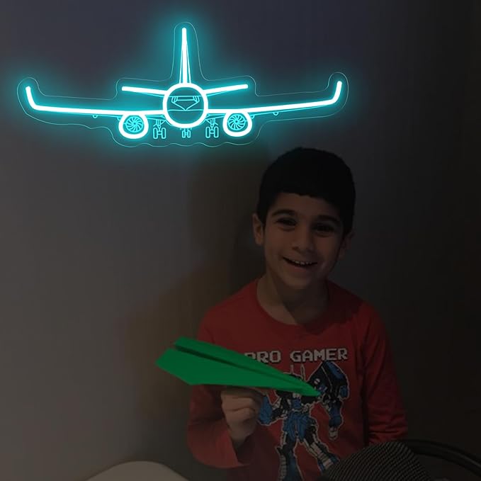 Airplane Neon Sign, Handmade LED Light, Airplane Wall Decort, Gifts for Pilot, Aviation Lover Gift, Kids Room Decor, 16.5"x6.5", Ice Blue