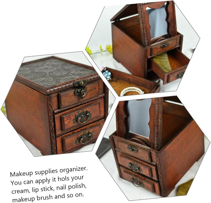 Cabilock Chinese Style Wooden Jewelry Box with Mirror Dust Jewelry Storage Holder for Rings Necklaces Earrings Practical Makeup Organizer Elegant Women