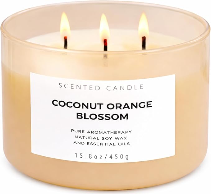 Coconut Orange Blossom 3-Wick Soy Candle | 15.8 oz Large Scented Candle for Home | Clean Burn Long Lasting | Creamy Floral Citrus Scent | Gift Ready