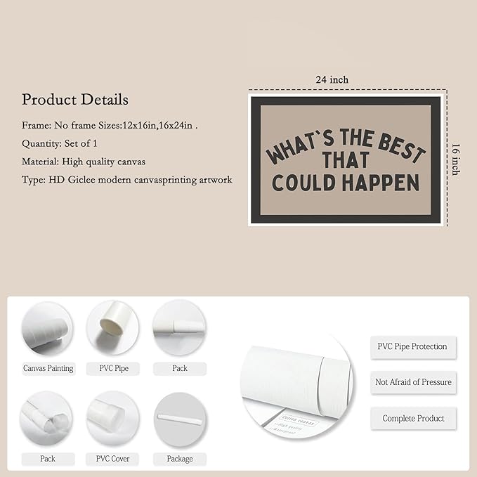 Trendy Wall Art Whats The Best That Could Happen Canvas Prints Positive Affirmation Canvas Wall Art Gray Aesthetic Picture Posters Uplifting Daily Reminder Print for Home Office Decor, 16x24 Unframed