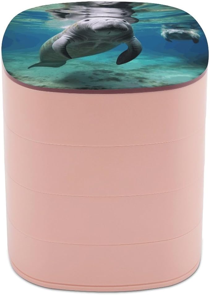Ocean Animal Manatee Jewelry Box 360°Rotating Storage Boxes Small Travel Earring Organizer with 4-Layers Rotatable Jewelry Storage Organizer for Ring Necklaces Makeup