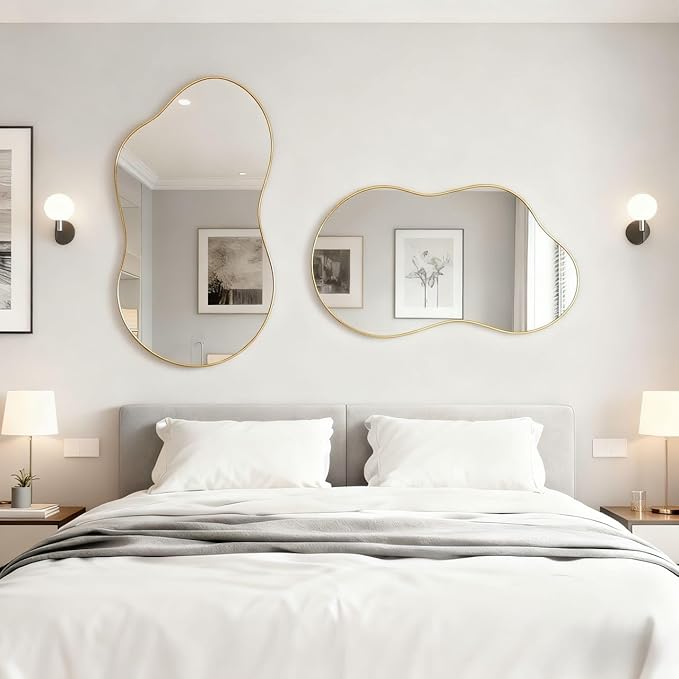 Itrue 20x36 Inch Gold Framed Irregular Tempered Glass Wall Mirror, Asymmetrical Vanity Mirror for Bathroom, Bedroom, Entryway