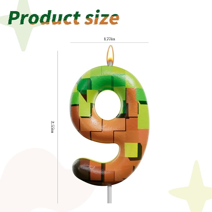 Pixel Miner Number Candle for Birthday Cake - 2.7 Inch Video Game Themed Party Decoration, Dynamite Style Cake Topper for Boys Girls Kids Anniversary Supplies (Retro Art, 9)