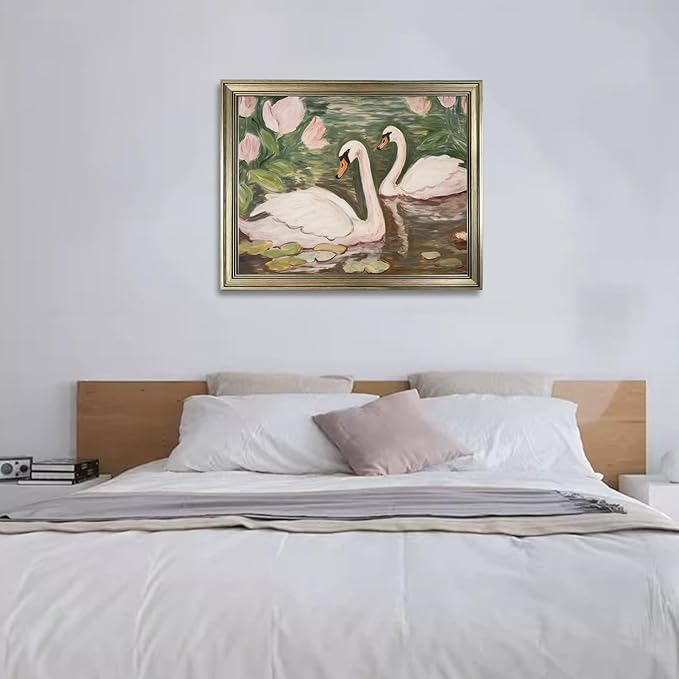 Swan Wall Art Vintage Framed Animal Wall Decor Pink and Green Girls Room Decor Girly Office Canvas Print Painting Home Artwork