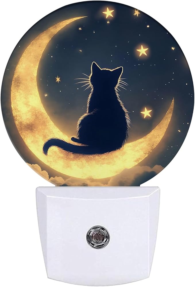 Cat Moon Night Light Starry Sky Night Lights LED Lamp Round Plug into Wall Nightlight with Dusk to Dawn Sensor Home Hallway Stairway Kitchen Decor