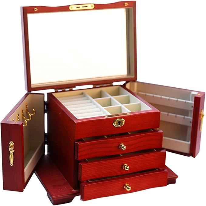 MARURY 2023 Luxury Large Wooden Jewelry Box, Jewelry Box for Women,4-Layer Jewelry Organizer, with Makeup Mirror and Lockbuckle Storage Display Earring Ring Necklace Jewellery