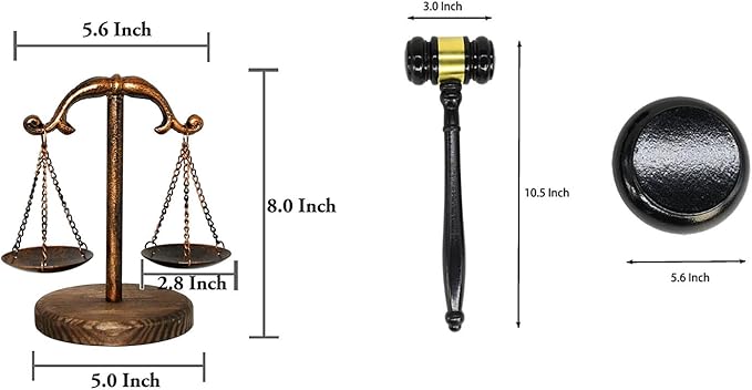 Owlgift Justice Balance Scale with Fixed Beam and Gavel Set – 8” Courtroom Decor with Wooden Base – Decorative Gift for Lawyers, Judges, Auctioneers & Students