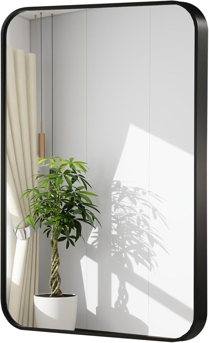 20x30 Inch Black Wall Mirror for Bathroom, Brushed Metal Framed Mirror with Rounded Corner, Rectangle Bathroom Vanity Mirror for Bedroom or Living Room, Horizontal/Vertical
