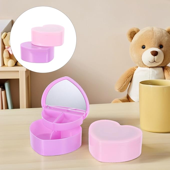 SUPVOX 2pcs Jewelry Box Heart Shaped Double Layer Organizer with Makeup Mirror Plastic Storage Case for Hair Accessories and Trinkets Bedroom