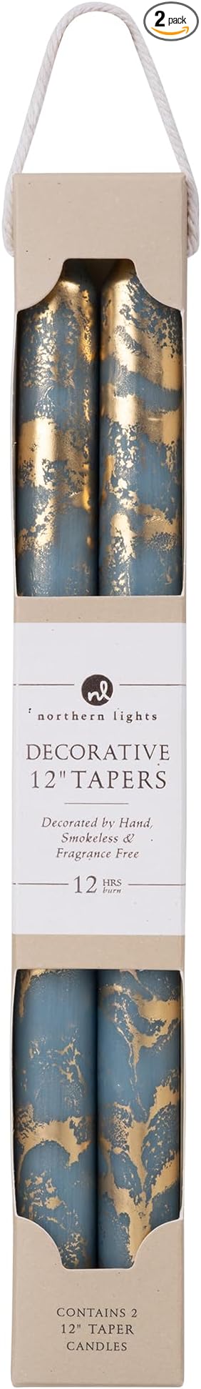 Northern Lights Candles - Premium Decorative Tapers - 12" 2PK - Prairie Blue w/Gold - 73310