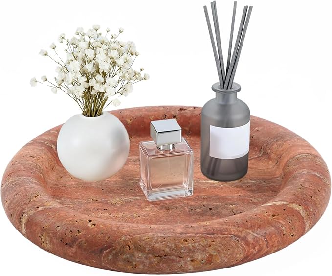 Red Travertine Makeup Organizer Tray - 8inch Round Decorative Storage Tray for Jewelry, Perfume, and Cosmetics | Natural Stone Vanity Tray for Bathroom, Bedroom, Coffee Table