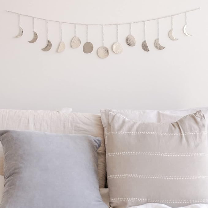 BASE ROOTS Moon Phase Wall Decor, Silver Wall Decor for Bedroom & Living Room, Bohemian Wall Decor, Handmade Hammered Metal 36" 13 Phases Moon Wall Decor, Celestial Wall Art, Gift for Women & Kids