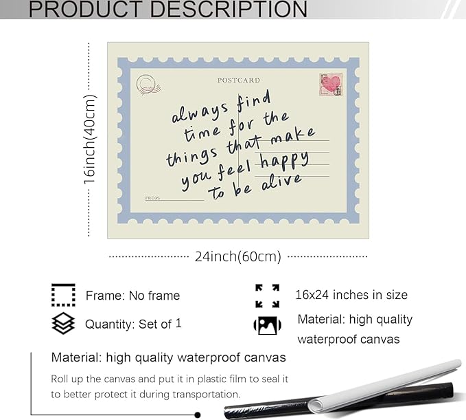 WIUHIO Positive Affirmations Quotes Wall Art Blue Preppy Postcard Poster Always Find Time Horizontal Canvas Prints Retro Happy Home Wall Decor 16X24 inch Unframed